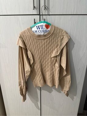 Avantlook Beige Cable Knit Ruffle-Sleeve Sweater
